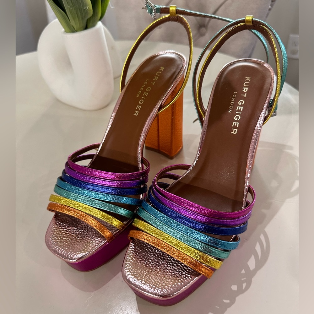KURT GEIGER- Pierra Metallic Multi-Color Leather Strappy Platform Sandals